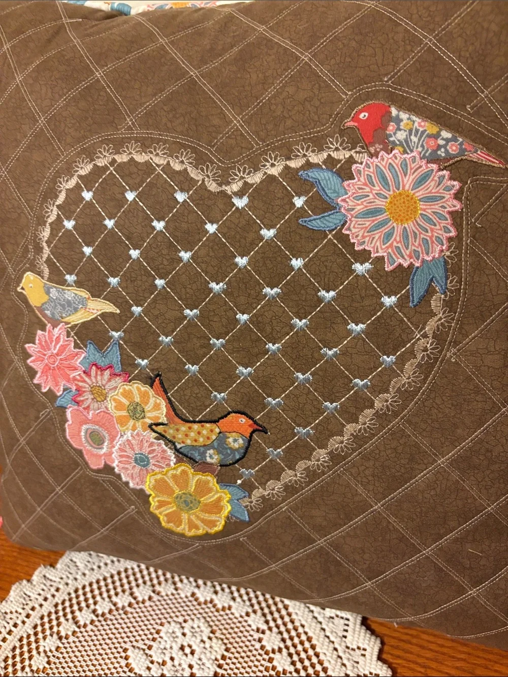 Hand Crafted Embroidered Heart & Bird Brown Quilted Throw Pillow